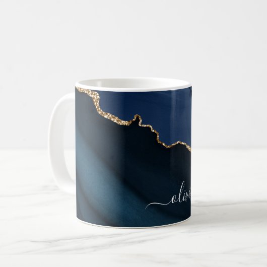 Navy Blue Agate Geode Gold Monogram Kaffeetasse (Vorderseite Links)