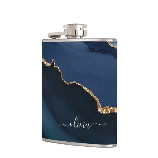 Navy Blue Agate Geode Gold Monogram Modern Flachmann (Links)