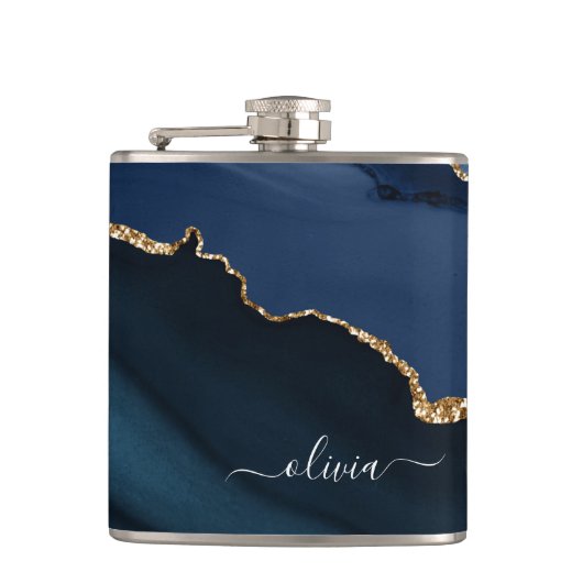 Navy Blue Agate Geode Gold Monogram Modern Flachmann (Vorderseite)