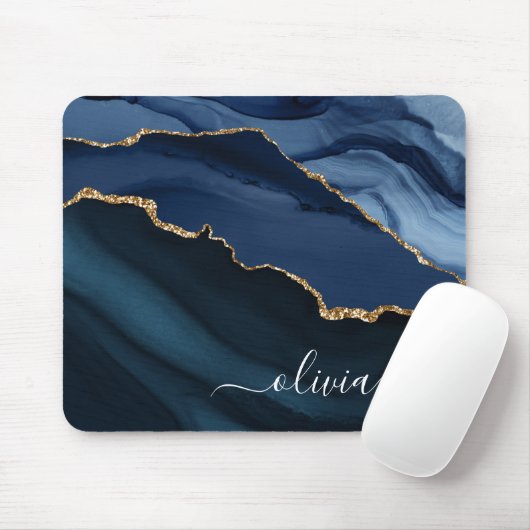 Navy Blue Agate Geode Gold Monogram Mousepad (Mit Mouse)