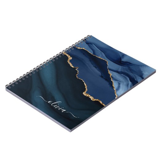 Navy Blue Agate Geode Gold Monogram Notizblock (Linke Seite)