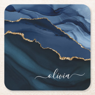 Navy Blue Agate Geode Gold Monogram Rechteckiger Pappuntersetzer