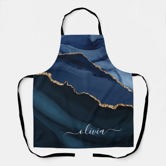 Navy Blue Agate Geode Gold Monogram Schürze (Vorderseite)