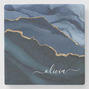 Navy Blue Agate Geode Gold Monogram Steinuntersetzer