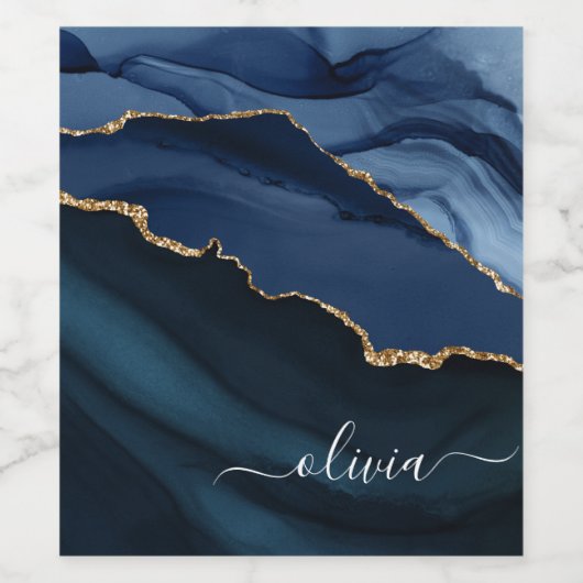Navy Blue Agate Geode Gold Monogram Weinetikett (Einzelnes Label)