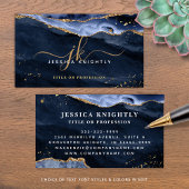 Navy Blue Agate Geode Monogram Gold Script Visitenkarte