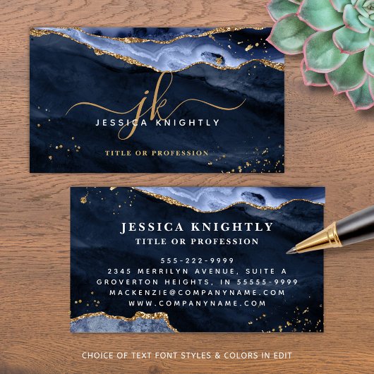 Navy Blue Agate Geode Monogram Gold Script Visitenkarte