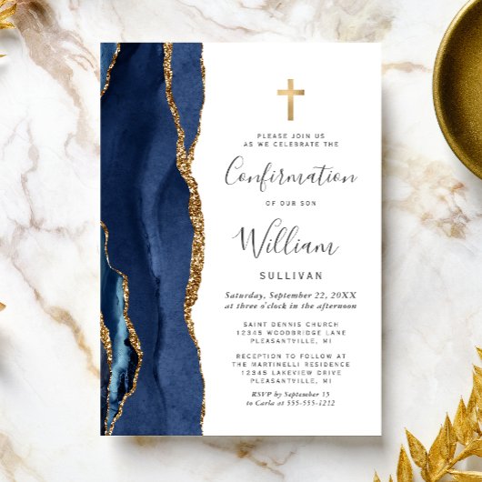 Navy Blue Agate Gold Glitter Confirmation Einladung