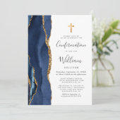Navy Blue Agate Gold Glitter Confirmation Einladung (Stehend Vorderseite)