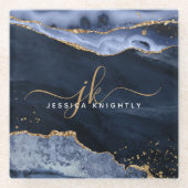 Navy Blue Agate Gold Glitzer Script Monogram Glasuntersetzer (Vorderseite)
