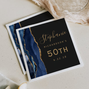 Navy Blue Agate Gold Script Dark 50. Geburtstag Serviette