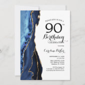 Navy Blue Agate Gold White 90. Geburtstag Einladung (Vorderseite)