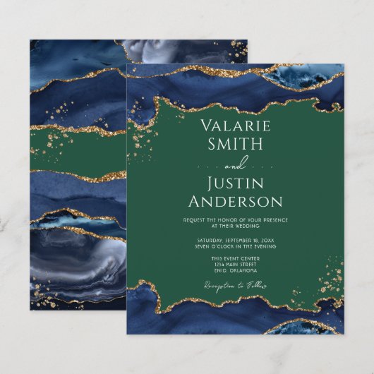 Navy Blue Agate Green Wedding Einladung (Vorne/Hinten)