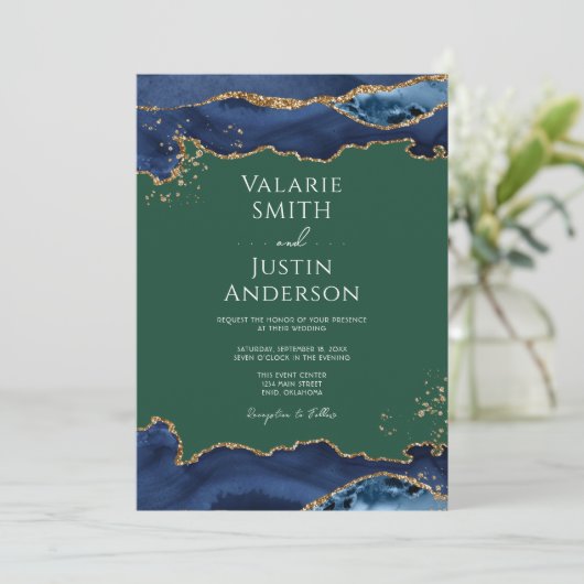 Navy Blue Agate Green Wedding Einladung (Stehend Vorderseite)