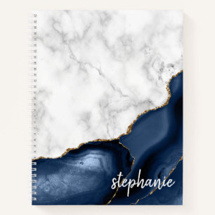 Navy Blue Agate Marble Gold Monogram Notebook Notizblock