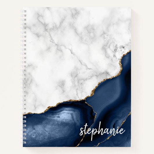 Navy Blue Agate Marble Gold Monogram Notebook Notizblock (Vorderseite)
