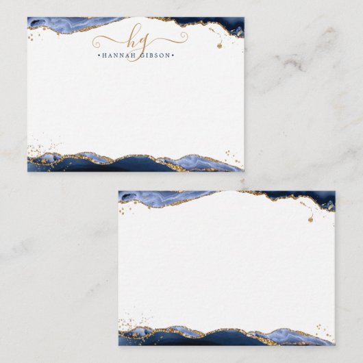 Navy Blue Agate Monogram Extravagant Script Gold G Mitteilungskarte (Vorne/Hinten)