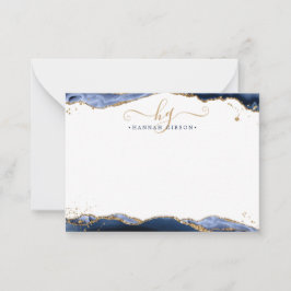 Navy Blue Agate Monogram Extravagant Script Gold G Mitteilungskarte