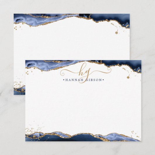 Navy Blue Agate Monogram Extravagant Script Gold G Mitteilungskarte (Vorne/Hinten)