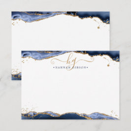 Navy Blue Agate Monogram Extravagant Script Gold G Mitteilungskarte