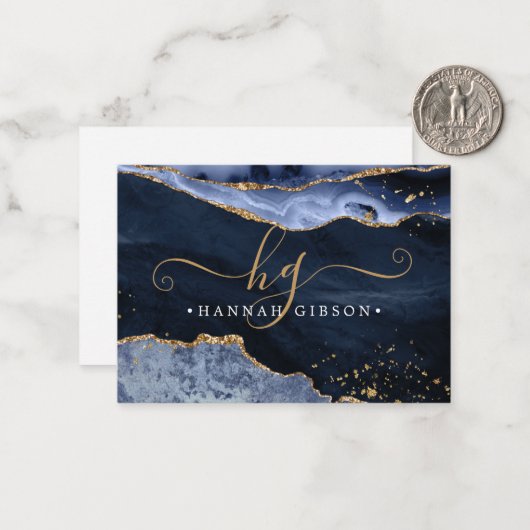 Navy Blue Agate Monogram Extravagant Script Gold G Mitteilungskarte (Vorderseite/Rückseite Beispiel)