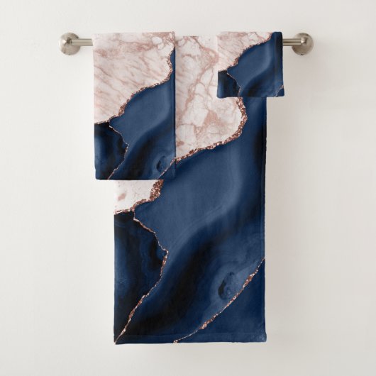 Navy Blue Agate Rose Gold Marble Badhandtuch Set (Insitu)