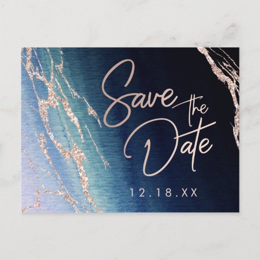 Navy Blue Agate Rose Gold Wedding Save the Date Ankündigungspostkarte (Vorderseite)