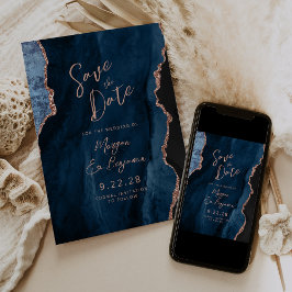 Navy Blue Agate Rose Gold Wedding Save the Date Einladung