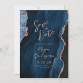 Navy Blue Agate Rose Gold Wedding Save the Date Einladung (Vorderseite)
