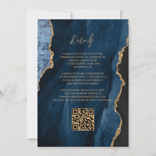 Navy Blue Agate Script QR Code Wedite Einladung (Rückseite)
