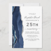 Navy Blue Agate Silver 25th Anniversary Einladung (Vorderseite)