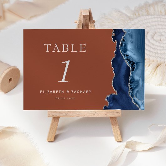 Navy Blue Agate Silver Burnt Orange Wedding Tischnummer