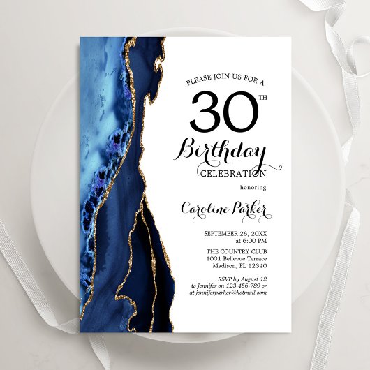 Navy Blue Agate White Gold 30. Geburtstag Einladung