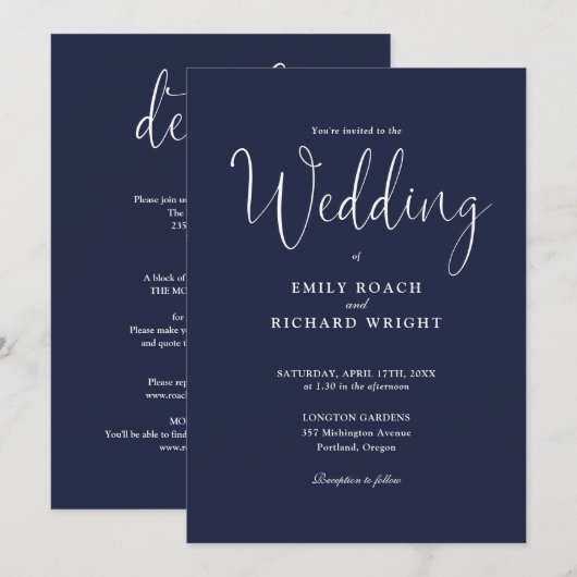 Navy Blue All in one Elegante Script Hochzeit Einladung (Vorne/Hinten)
