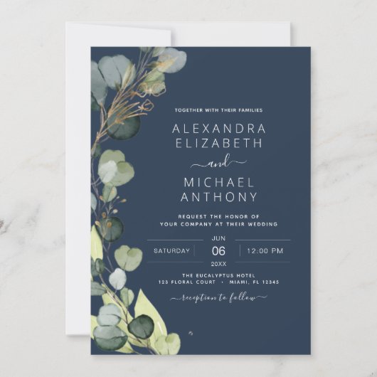 Navy Blue All in One Eucalyptus QR Code Wedding Einladung (Vorderseite)
