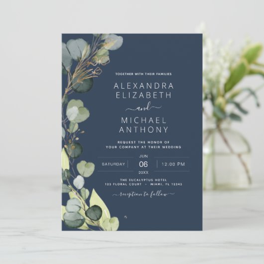 Navy Blue All in One Eucalyptus QR Code Wedding Einladung (Stehend Vorderseite)