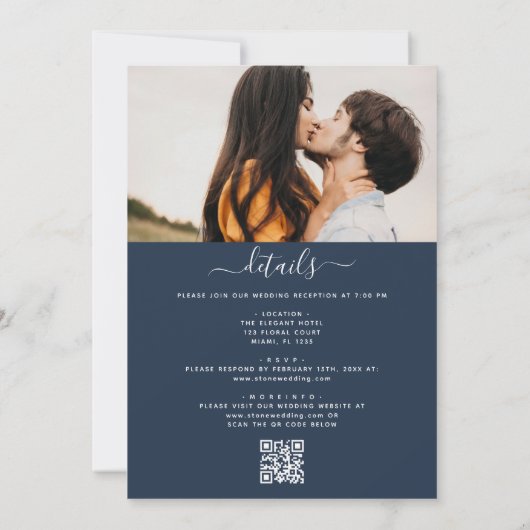 Navy Blue All in One Eucalyptus QR Code Wedding Einladung (Rückseite)