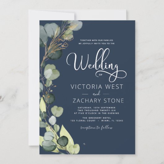 Navy Blue All in One Eucalyptus QR Code Wedding Einladung (Vorderseite)