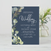 Navy Blue All in One Eucalyptus QR Code Wedding Einladung (Stehend Vorderseite)