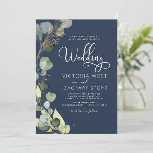Navy Blue All in One Eucalyptus QR Code Wedding Einladung (Stehend Vorderseite)
