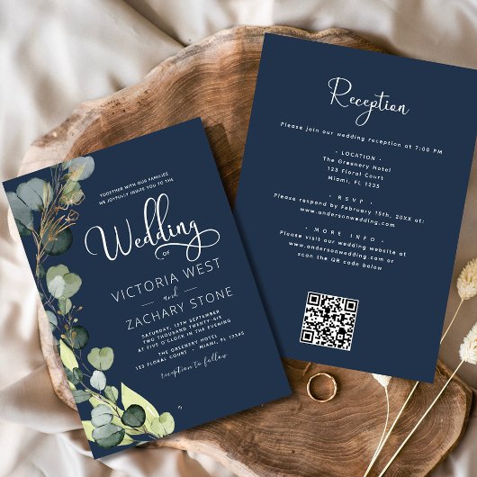 Navy Blue All in One Eucalyptus QR Code Wedding Einladung