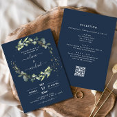 Navy Blue All in One Eucalyptus QR Code Wedding Einladung
