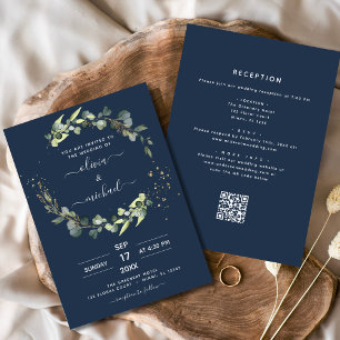 Navy Blue All in One Eucalyptus QR Code Wedding Einladung