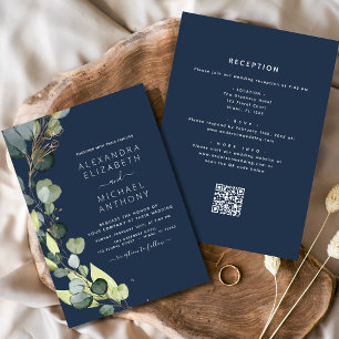Navy Blue All in One Eucalyptus QR Code Wedding Einladung
