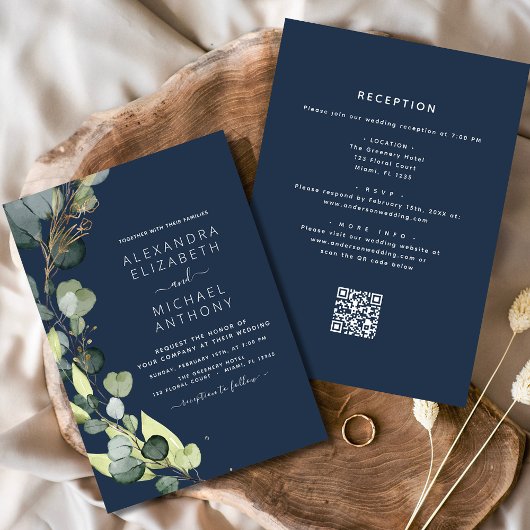 Navy Blue All in One Eucalyptus QR Code Wedding Einladung
