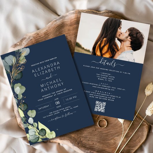 Navy Blue All in One Eucalyptus QR Code Wedding Einladung