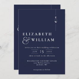 Navy Blue All in one Modern Monogram Wedding Einladung