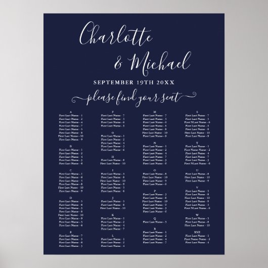 Navy Blue Alphabetical Wedding Seating Chart Poster (Vorne)