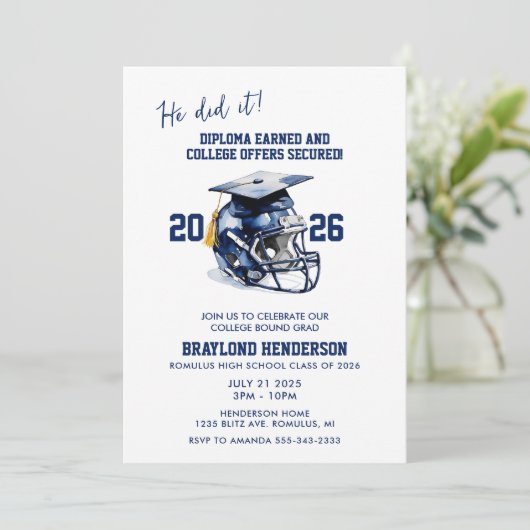 Navy Blue American Football Graduation Party Einladung (Stehend Vorderseite)