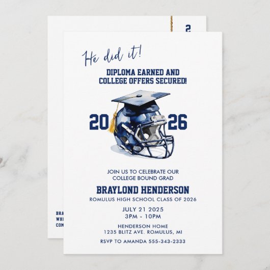 Navy Blue American Football Graduation Party Einladung (Vorne/Hinten)